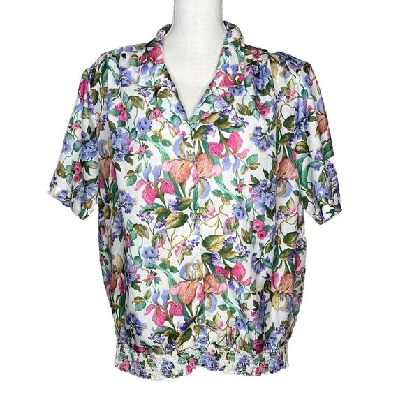 Vtg 80s Joanna Plus colorful floral short sleeve elastic waist top M/L polyester - Picture 1 of 7